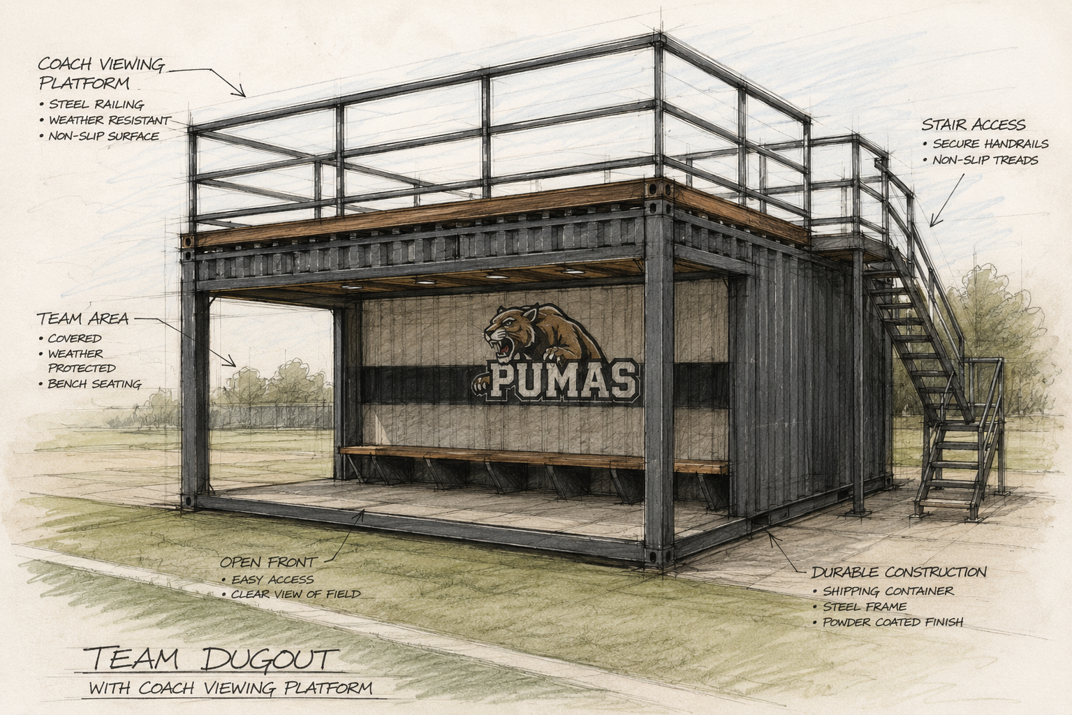 Concept drawing of a shipping-container team dugout with coach viewing platform