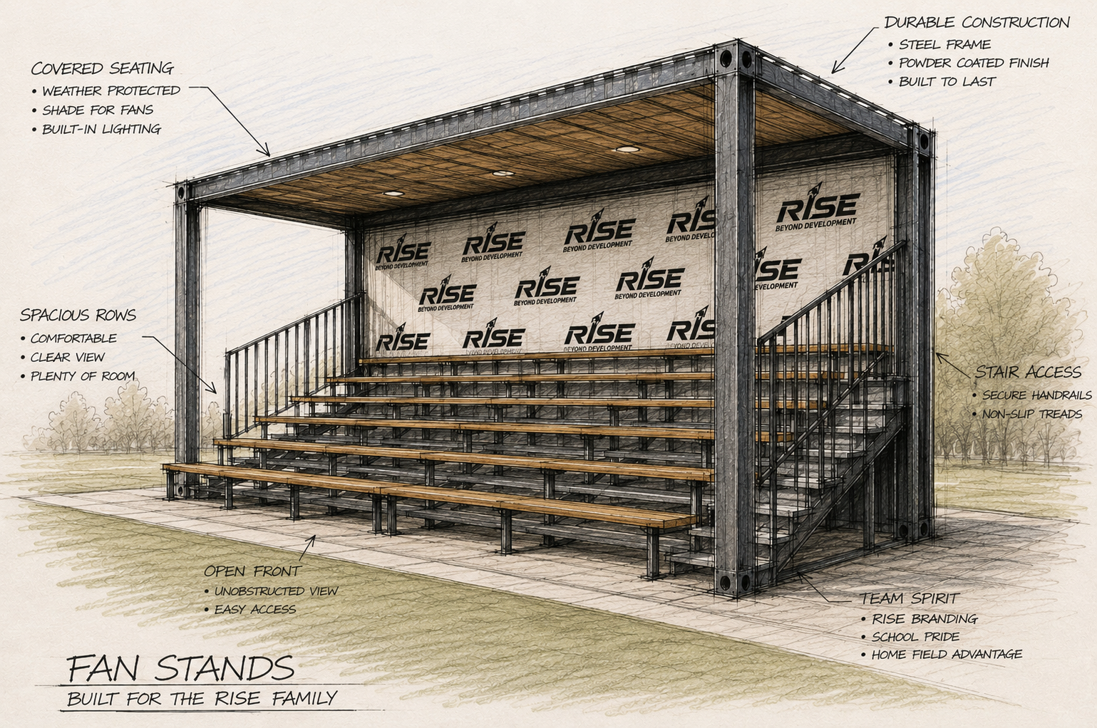 Concept drawing of covered fan stands built from a shipping container
