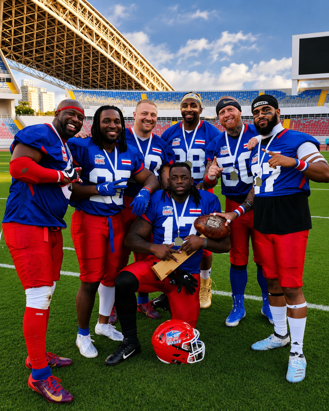 Costa Rica Sharks players celebrating together with medals and a trophy