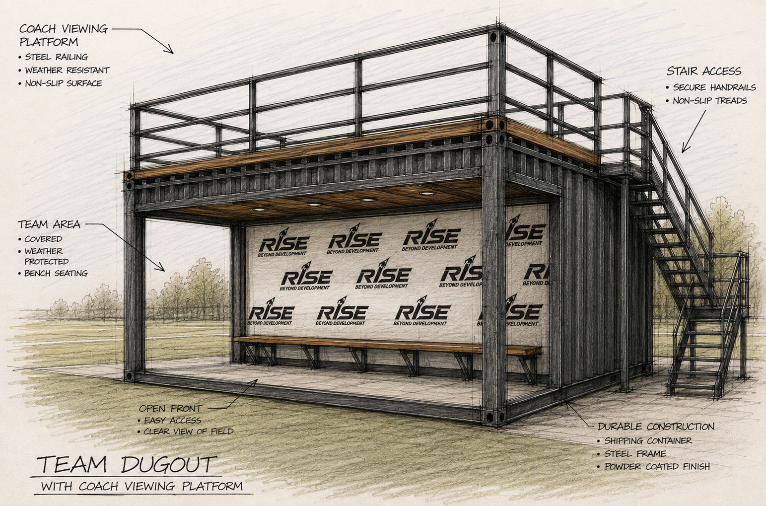 Concept drawing of a shipping-container team dugout with coach viewing platform