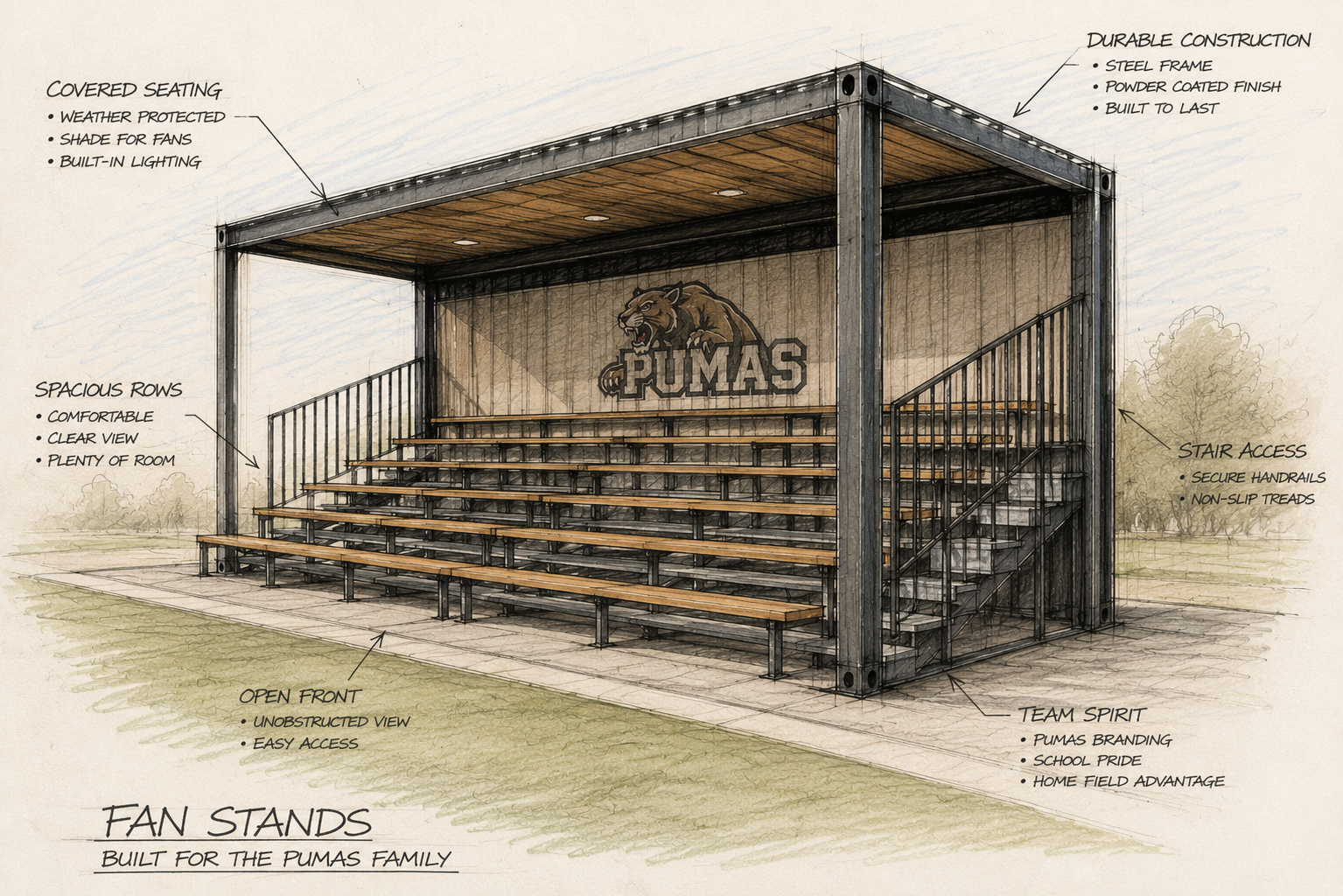 Concept drawing of covered fan stands built from a shipping container