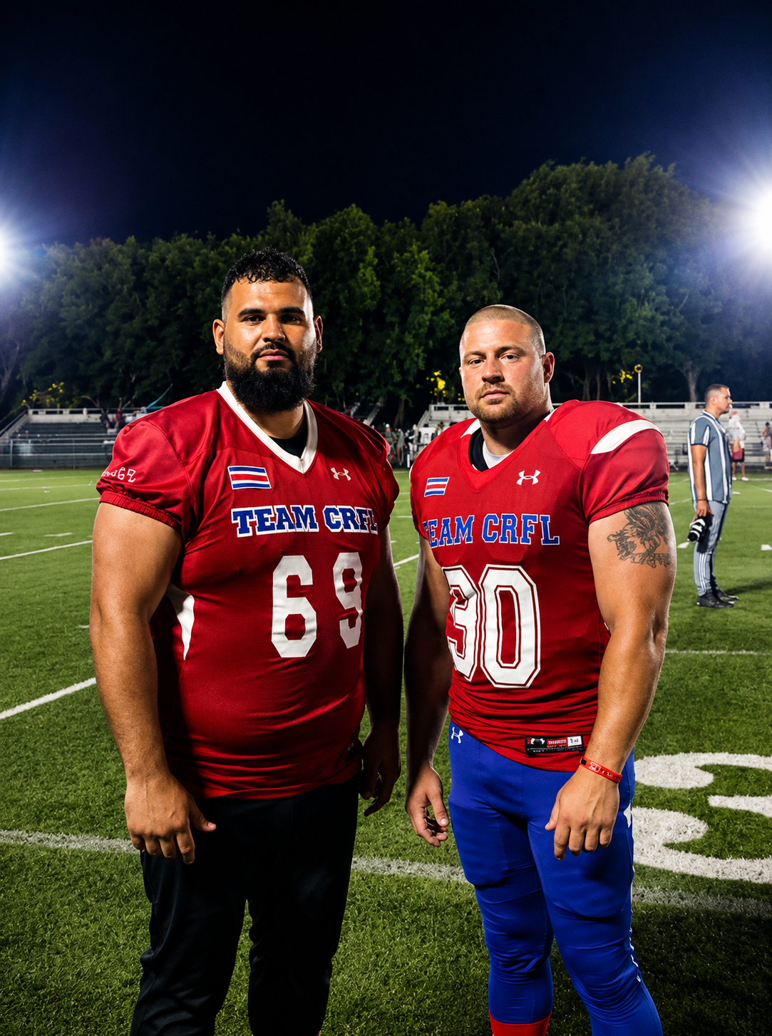 Karl Manz and Hector Lujan in Team CRFL jerseys on the football field