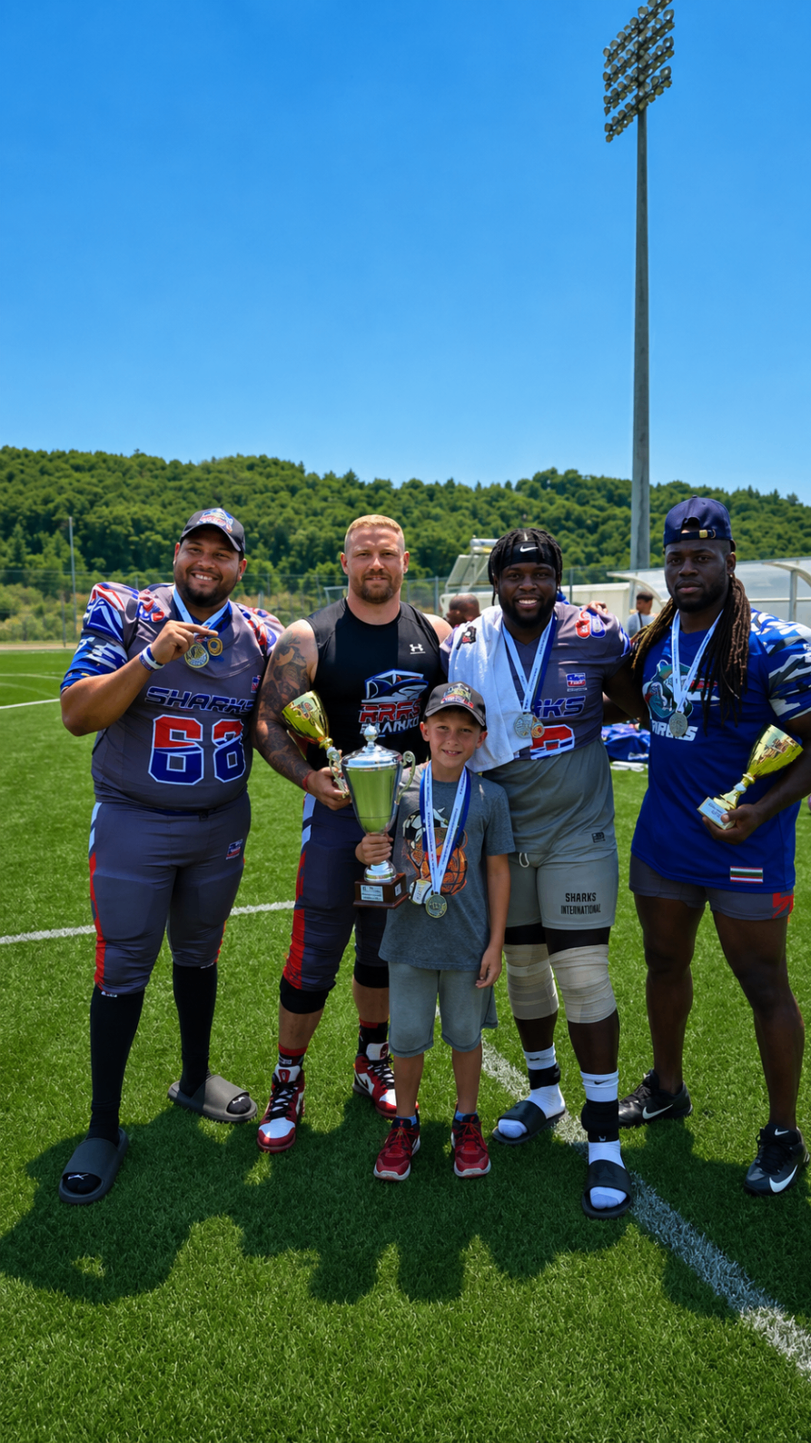 Costa Rica Sharks players and family celebrating together with trophies and medals in Greece