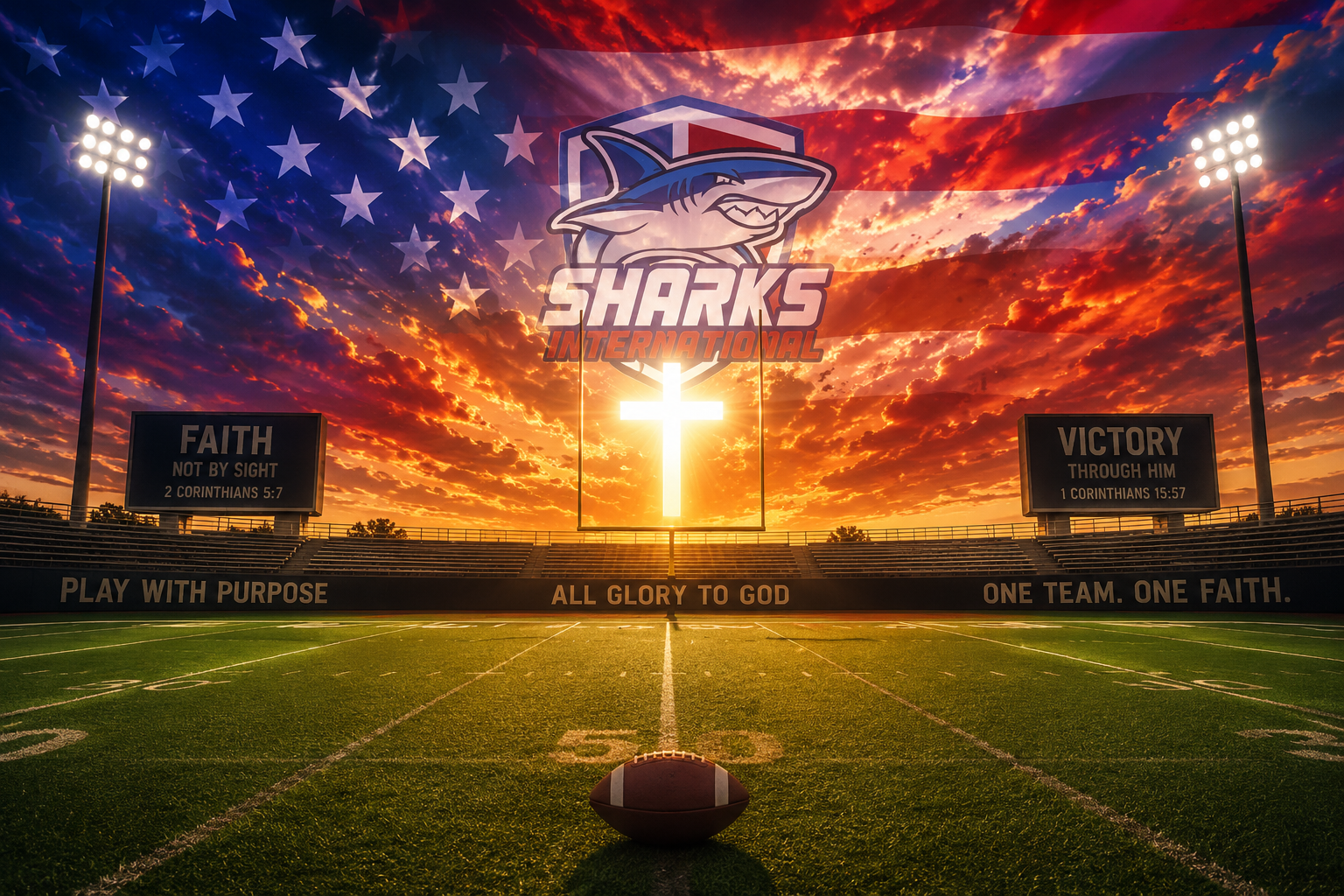 Sharks International football field beneath stadium lights, flags, and a glowing cross