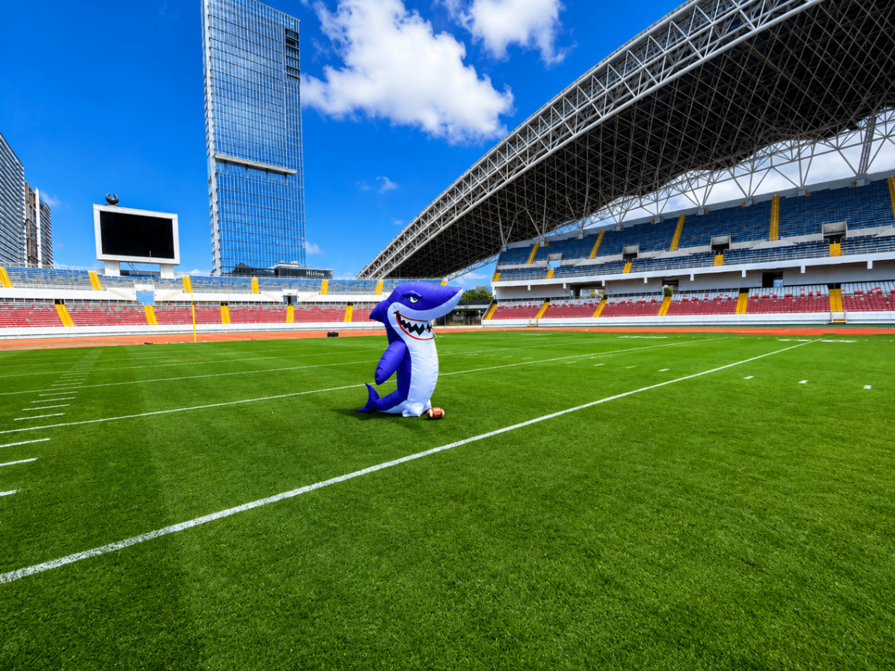 Costa Rica Sharks mascot standing on the field at the National Stadium in San José