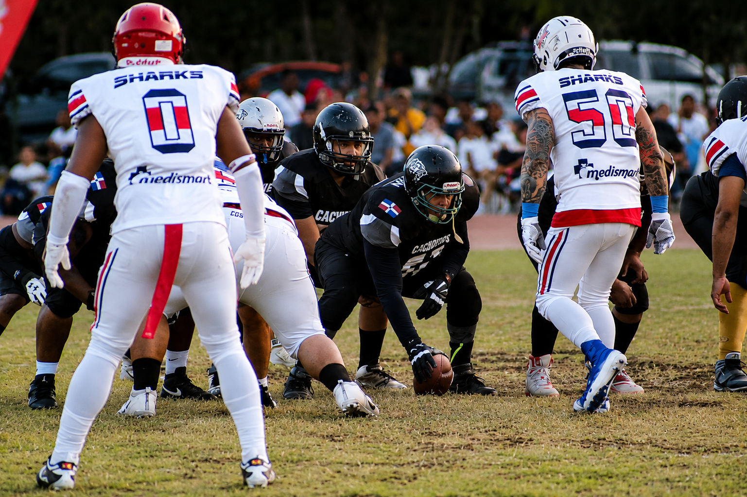 Costa Rica Sharks defense lined up before the snap in San José